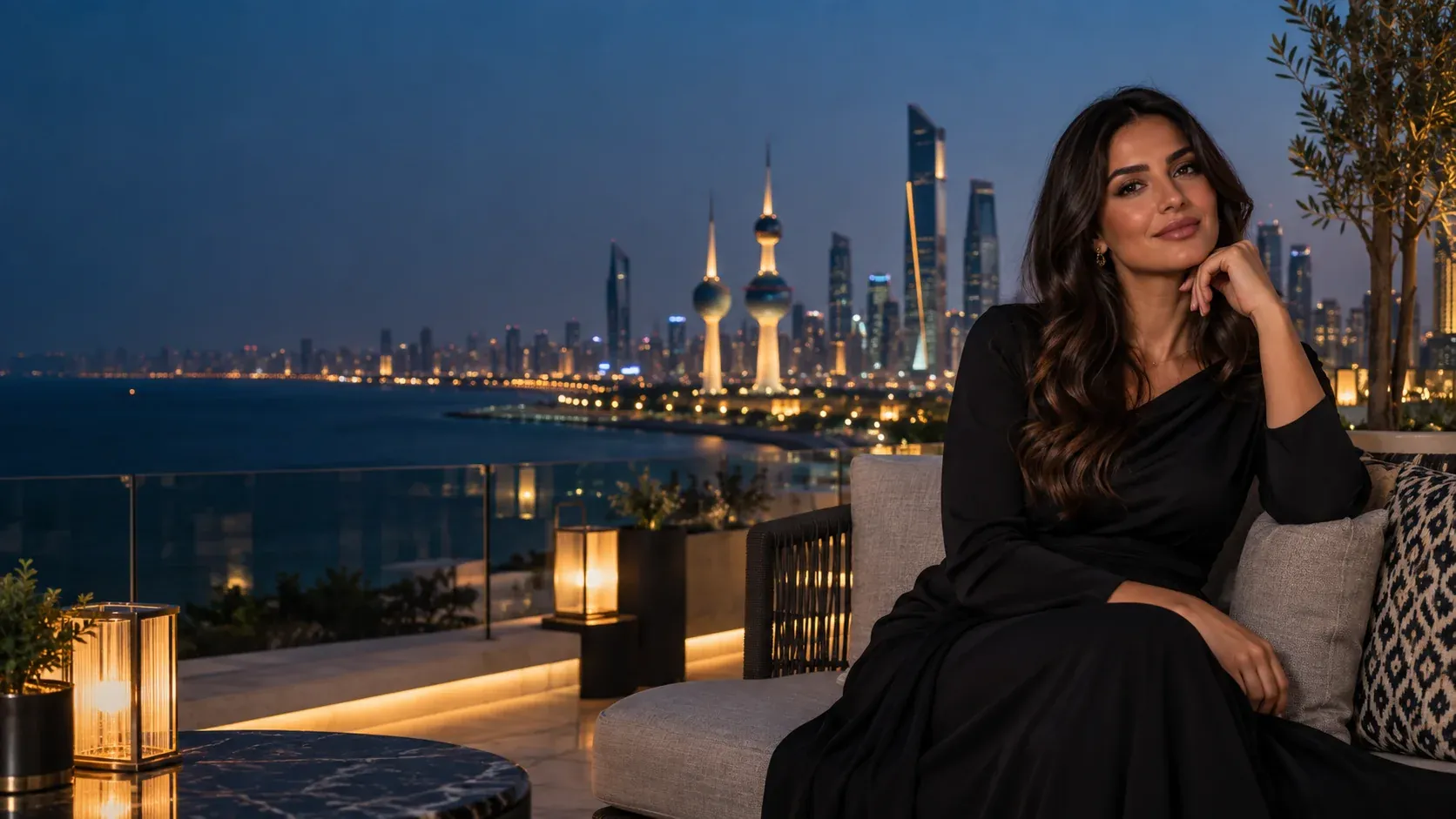 Elegant sugar baby at a Kuwait rooftop lounge after sunset