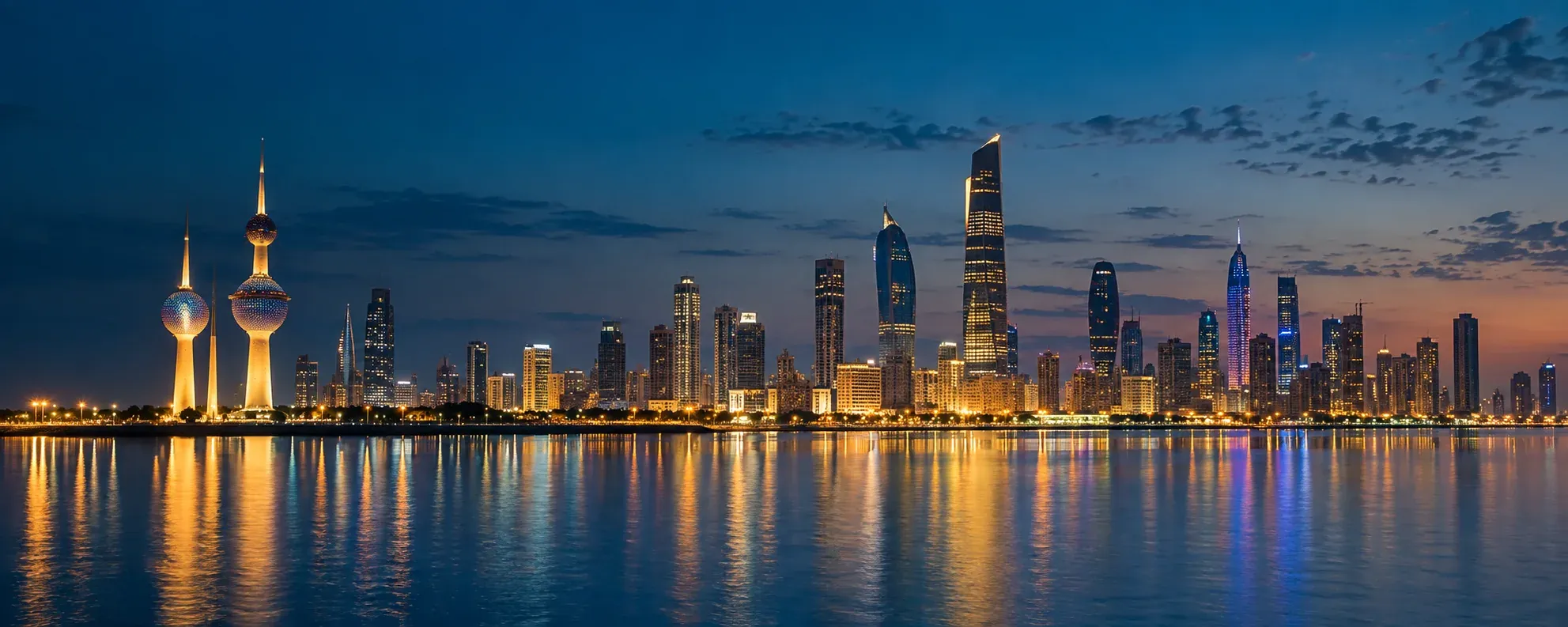 Kuwait waterfront skyline at dusk