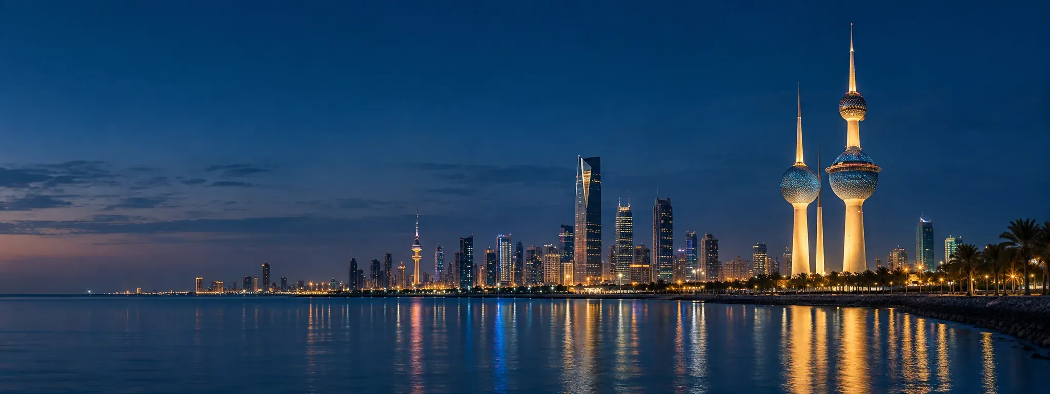 Kuwait waterfront and city lights at blue hour