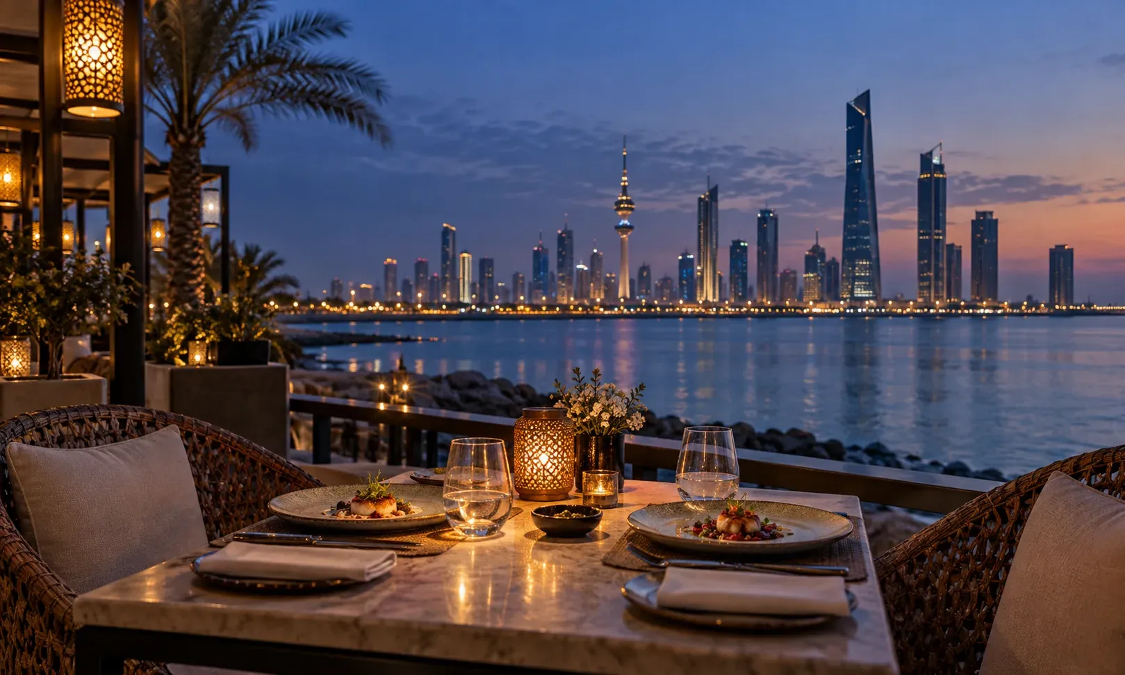 Elegant waterfront dining overlooking Kuwait City