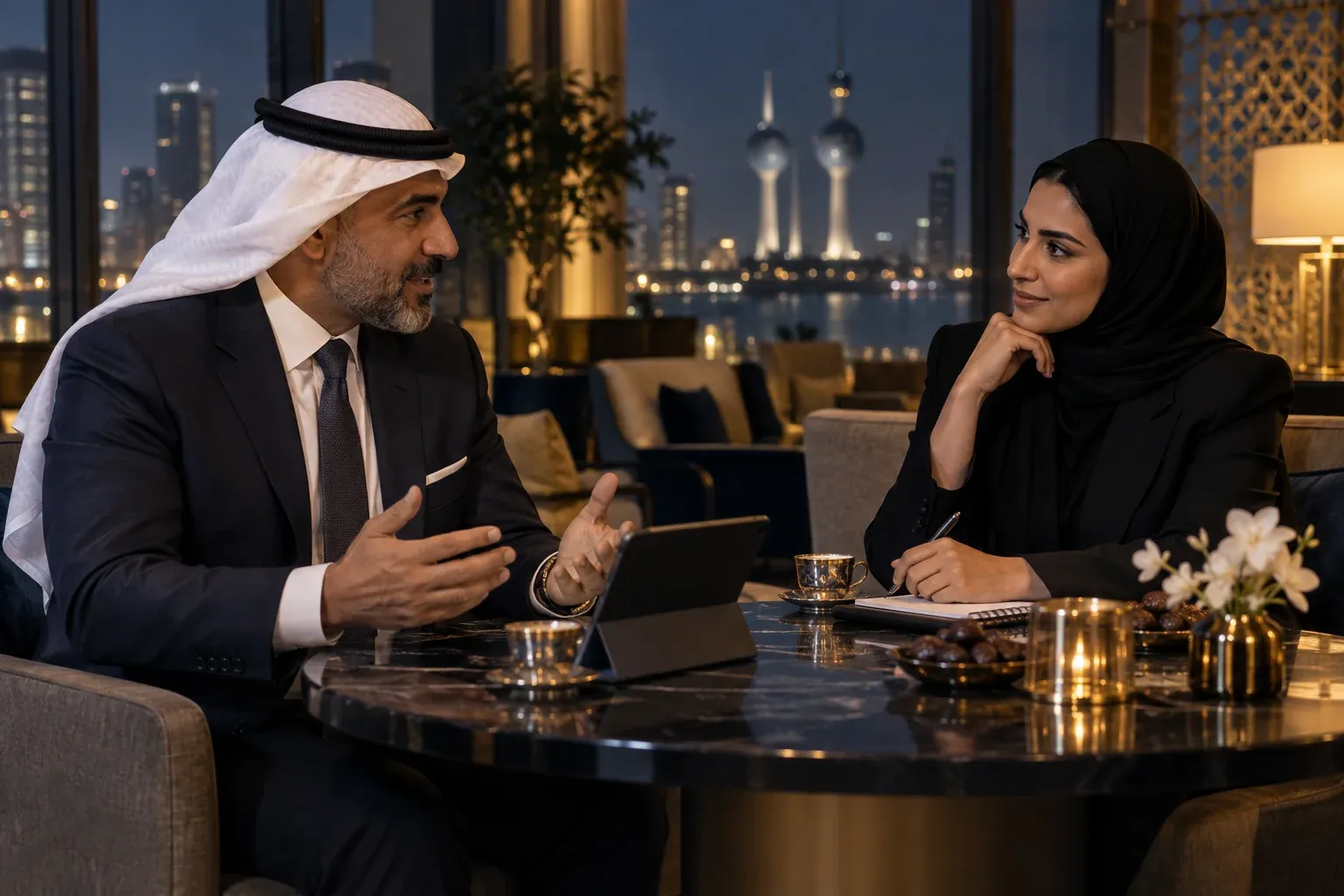 A sugar daddy and sugar baby having a thoughtful conversation in Kuwait